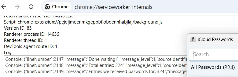 Figure 6: A screenshot of parts of chrome://serviceworker-internals/, showing the log messages of the iCloud passwords extension at the bottom (contents of the message field), reporting the total amount of passwords the extension received from the native helper. To the right, the standalone iCloud Passwords window shows the total number of available passwords.